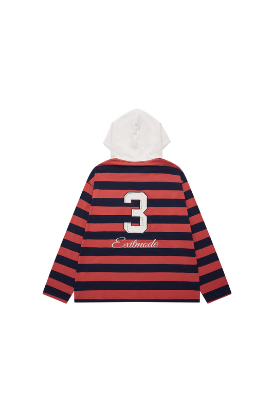 EXITMODE EXITMODE Vintage Striped Drawstring Loose-Fit Embroidered Hooded Long-Sleeve T-Shirt – Unisex
