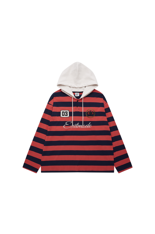 EXITMODE EXITMODE Vintage Striped Drawstring Loose-Fit Embroidered Hooded Long-Sleeve T-Shirt – Unisex red