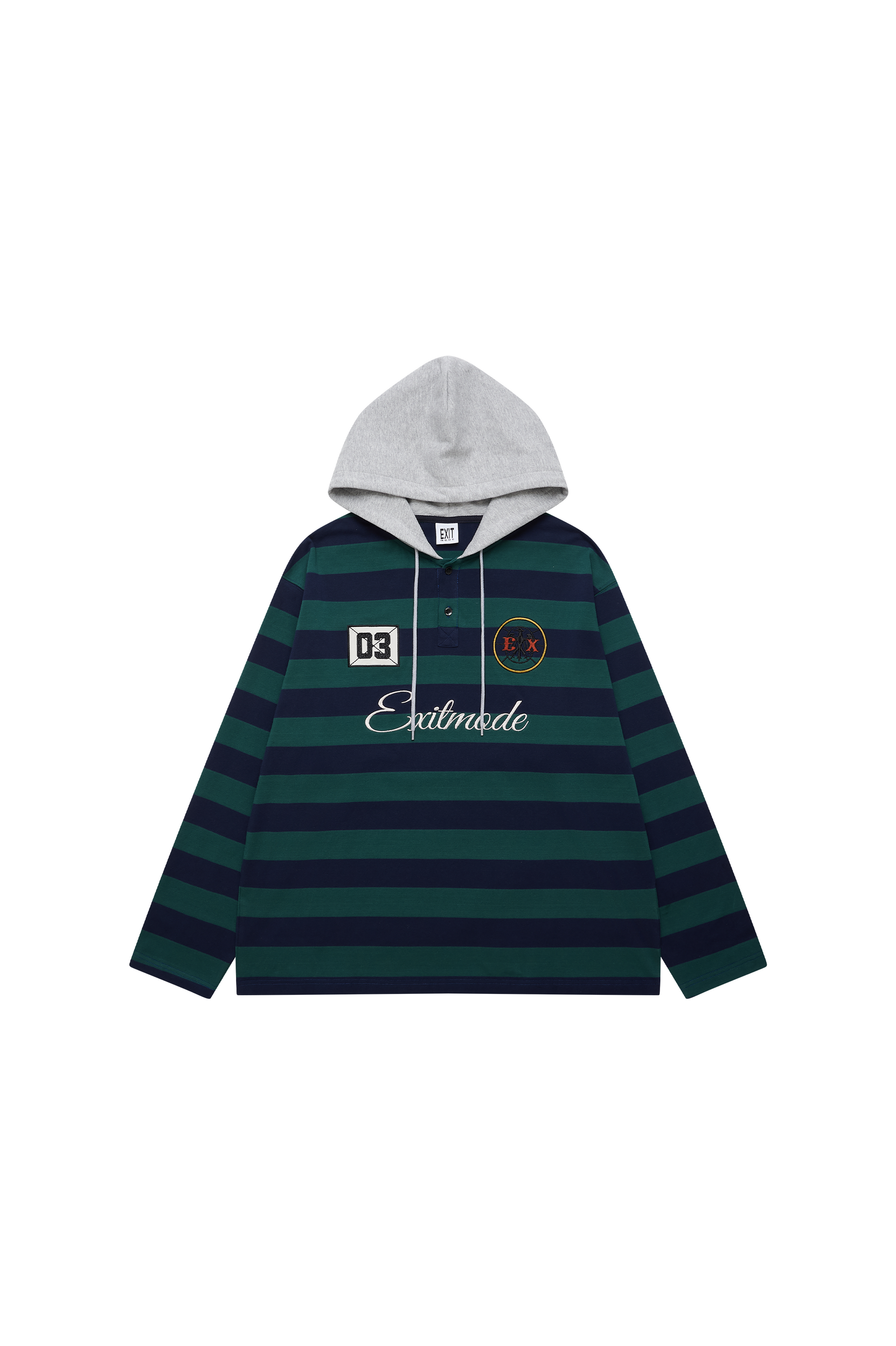 EXITMODE EXITMODE Vintage Striped Drawstring Loose-Fit Embroidered Hooded Long-Sleeve T-Shirt – Unisex green