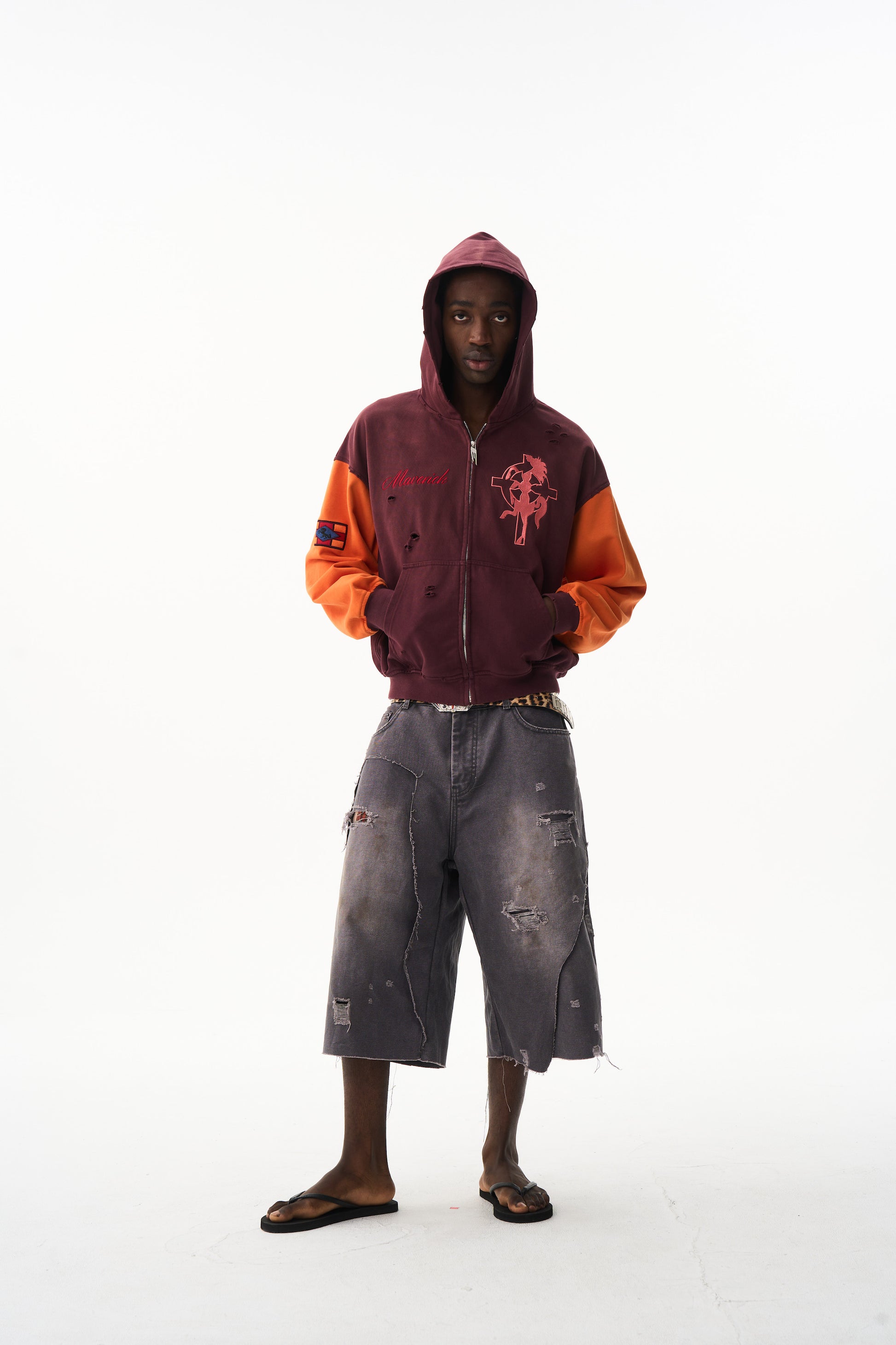 BLIND NO PLAN EXITMODE 26SS Color-Block Washed Cross Horse Hoodie