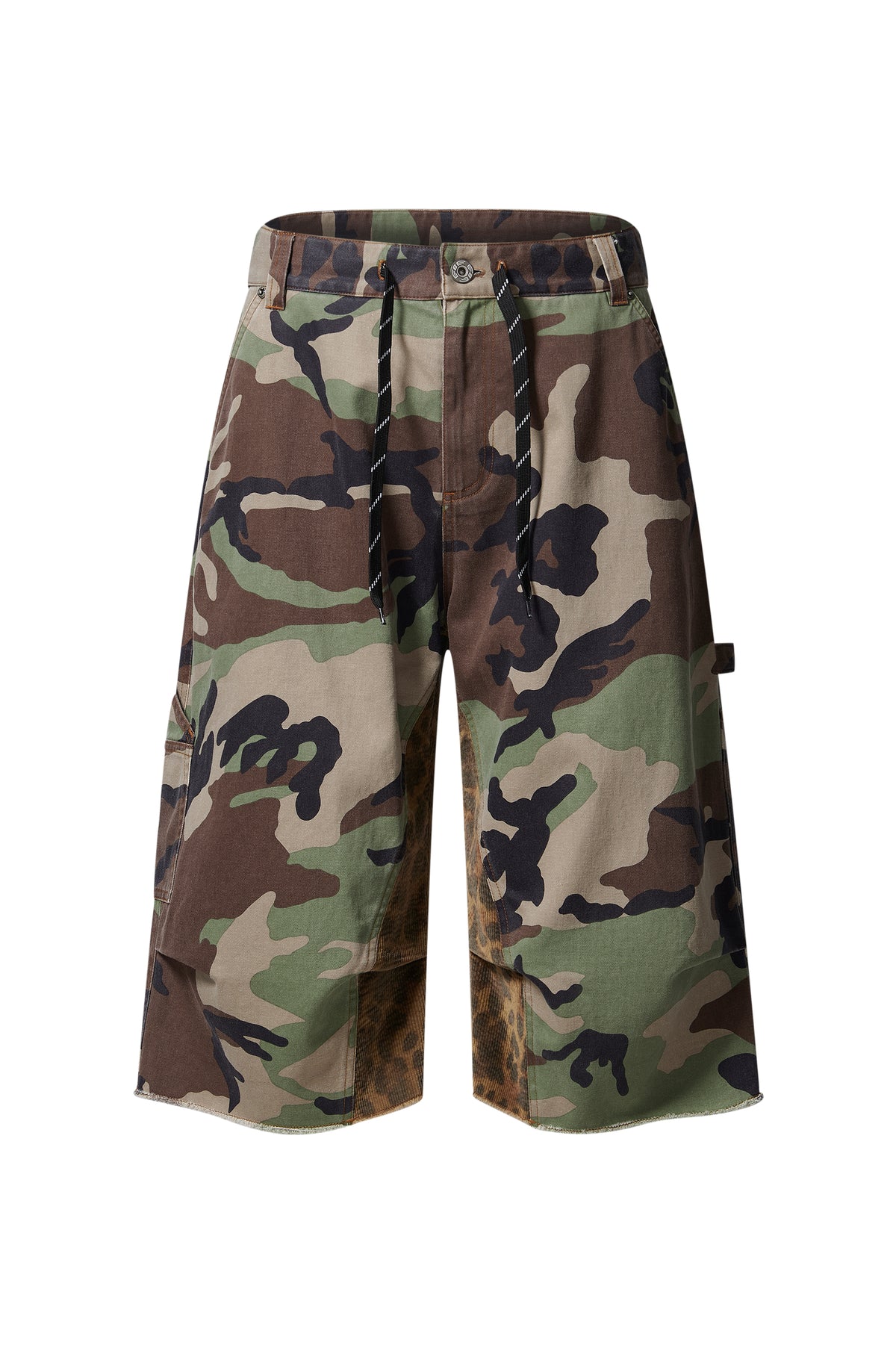 EXITMODE EXITMODE Relaxed Color-Block Patchwork Camouflage and Leopard-Print Carpenter Shorts – Unisex camo