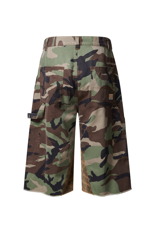 EXITMODE EXITMODE Relaxed Color-Block Patchwork Camouflage and Leopard-Print Carpenter Shorts – Unisex