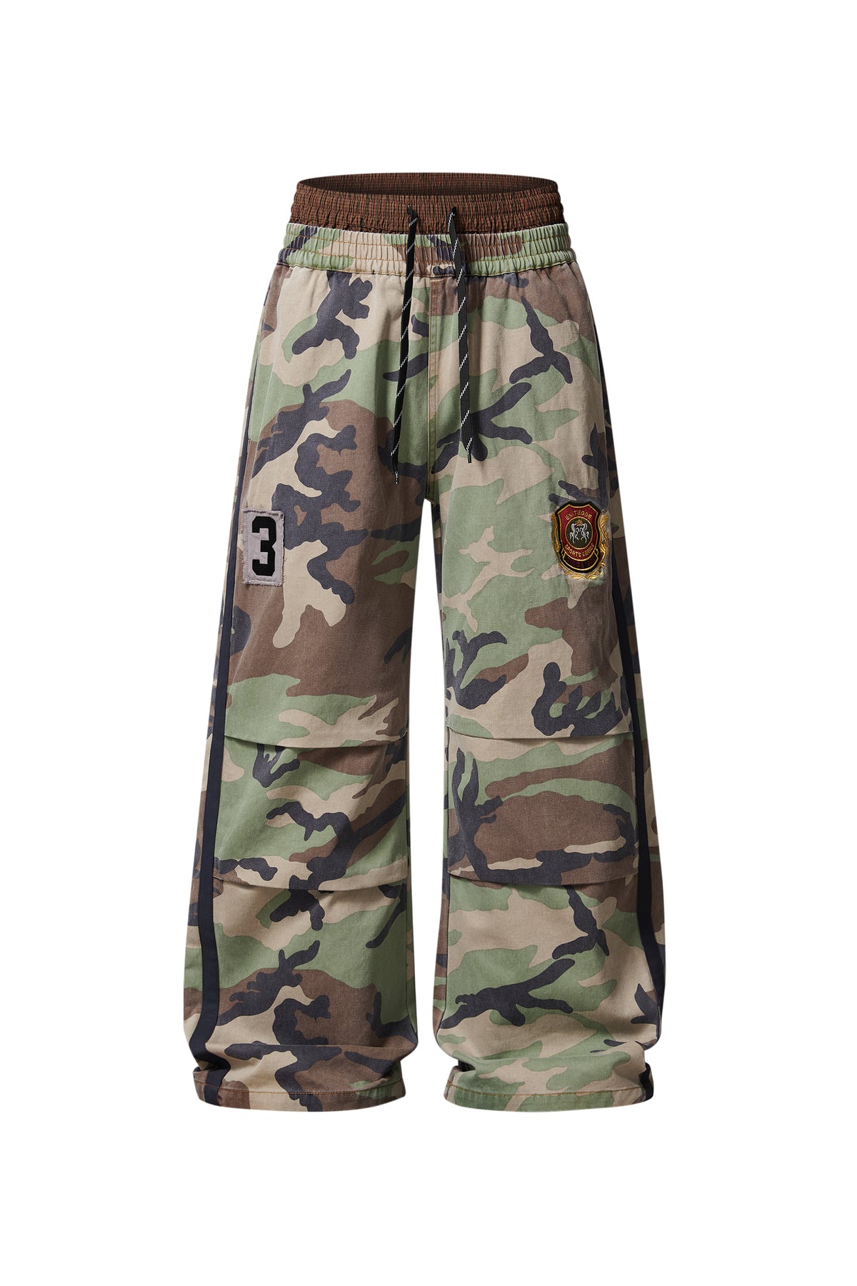 EXITMODE EXITMODE Vintage Distressed Double-Waist Pleated Camouflage Badge-Embroidered Relaxed Casual Pants – Unisex camo