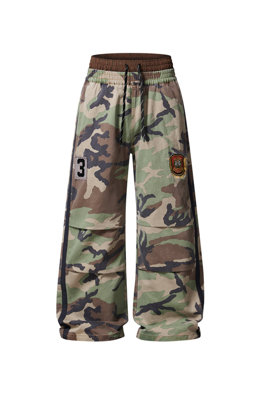 EXITMODE EXITMODE Vintage Distressed Double-Waist Pleated Camouflage Badge-Embroidered Relaxed Casual Pants – Unisex camo