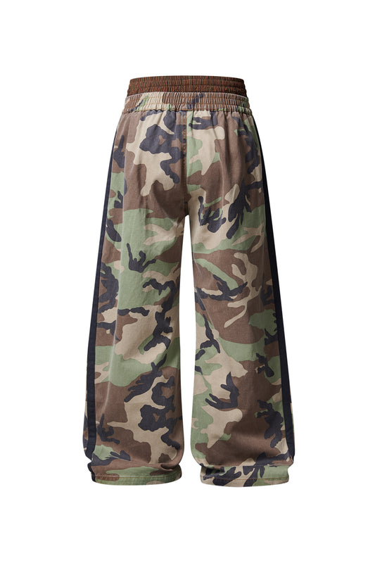 EXITMODE EXITMODE Vintage Distressed Double-Waist Pleated Camouflage Badge-Embroidered Relaxed Casual Pants – Unisex