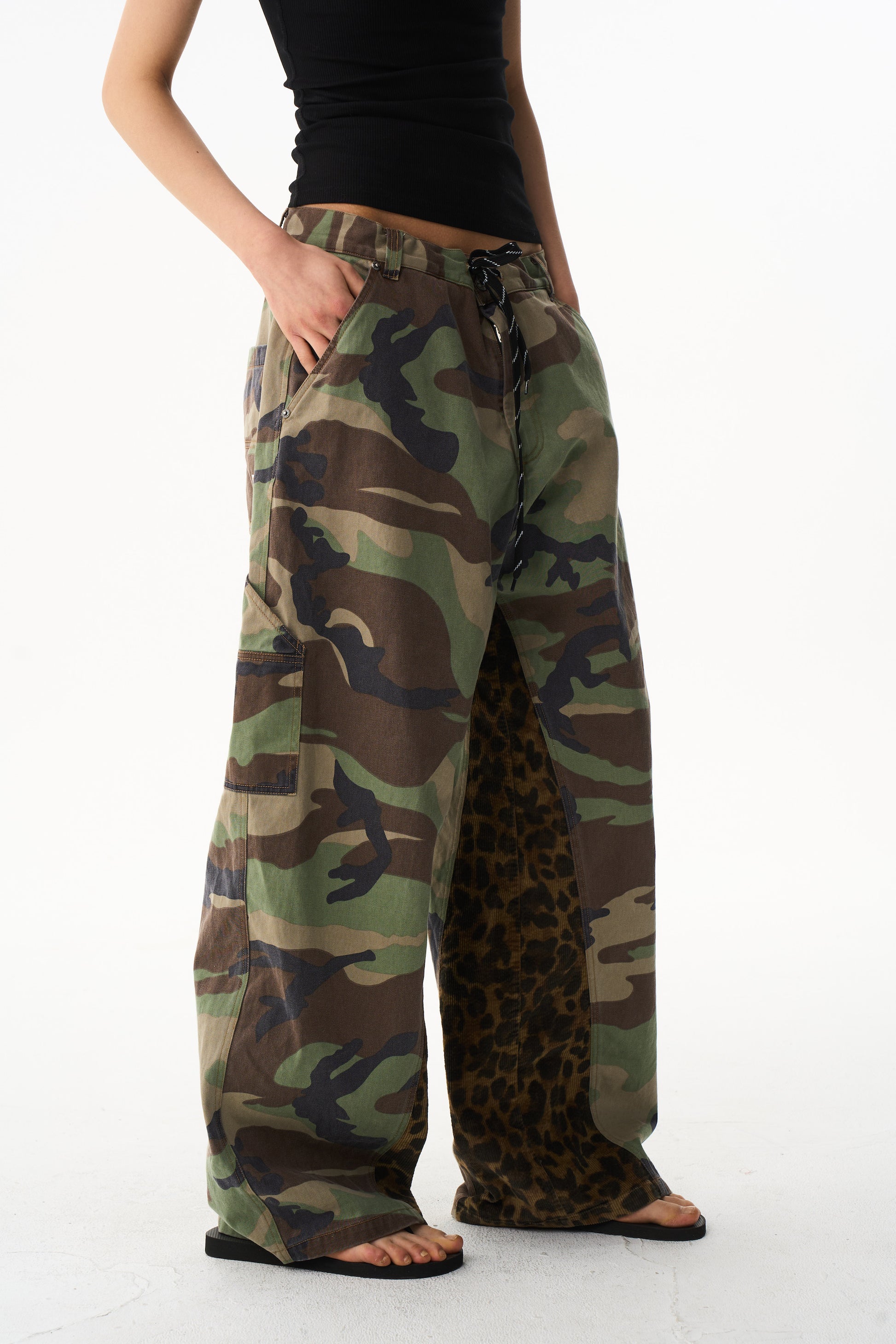 BLIND NO PLAN EXITMODE 26SS Baggy Patchwork Camouflage & Leopard Lumberjack Pants