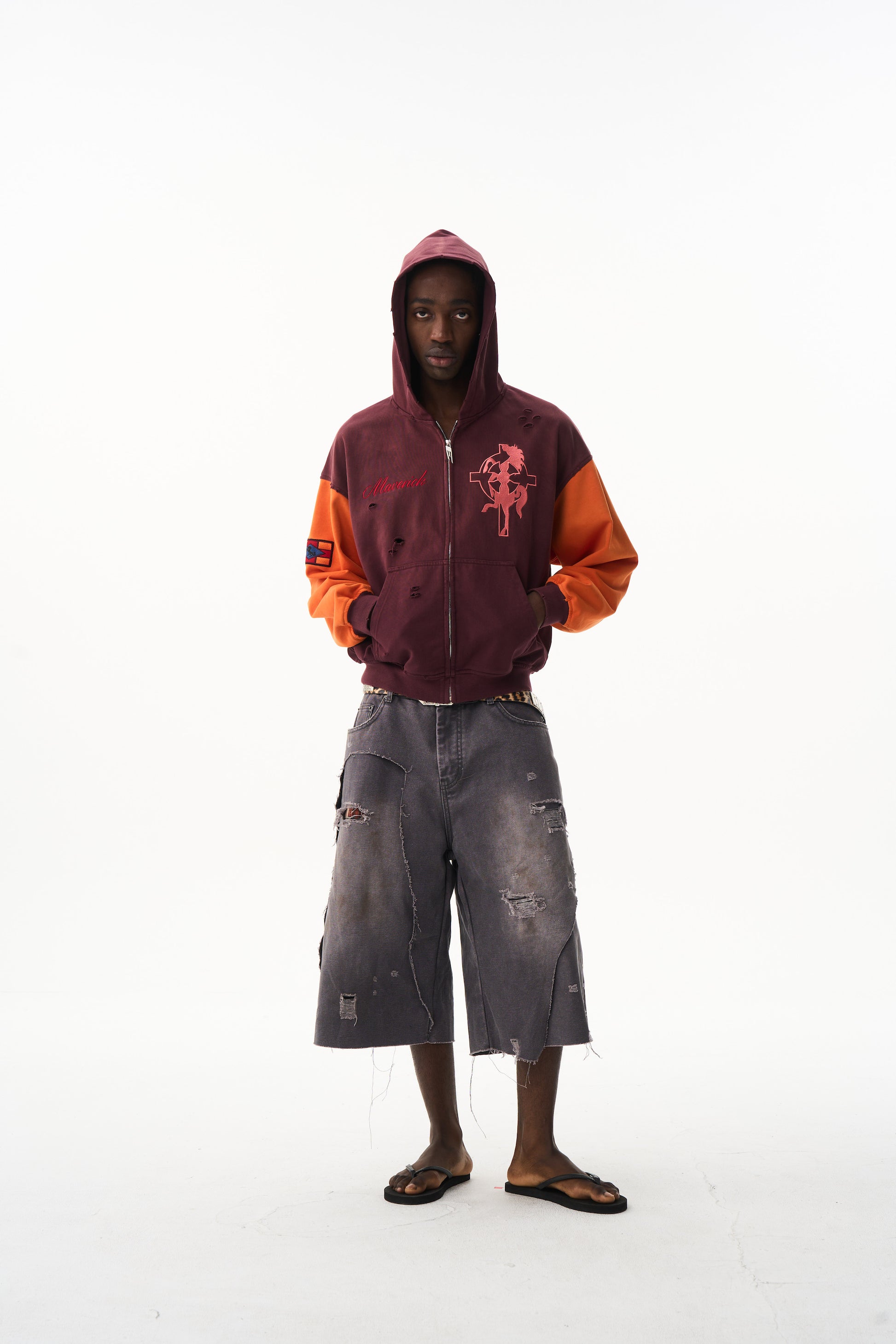 BLIND NO PLAN EXITMODE 26SS Color-Block Washed Cross Horse Hoodie