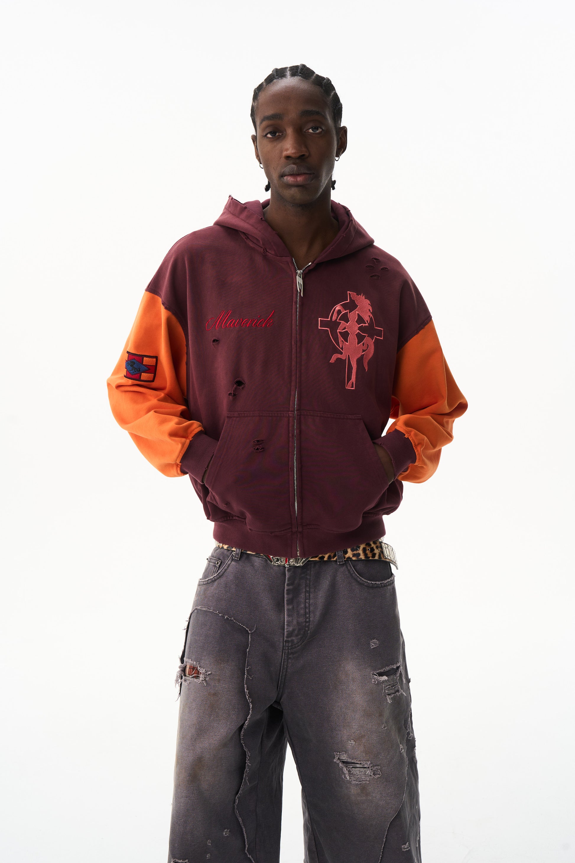 BLIND NO PLAN EXITMODE 26SS Color-Block Washed Cross Horse Hoodie Dark Purple & Orange