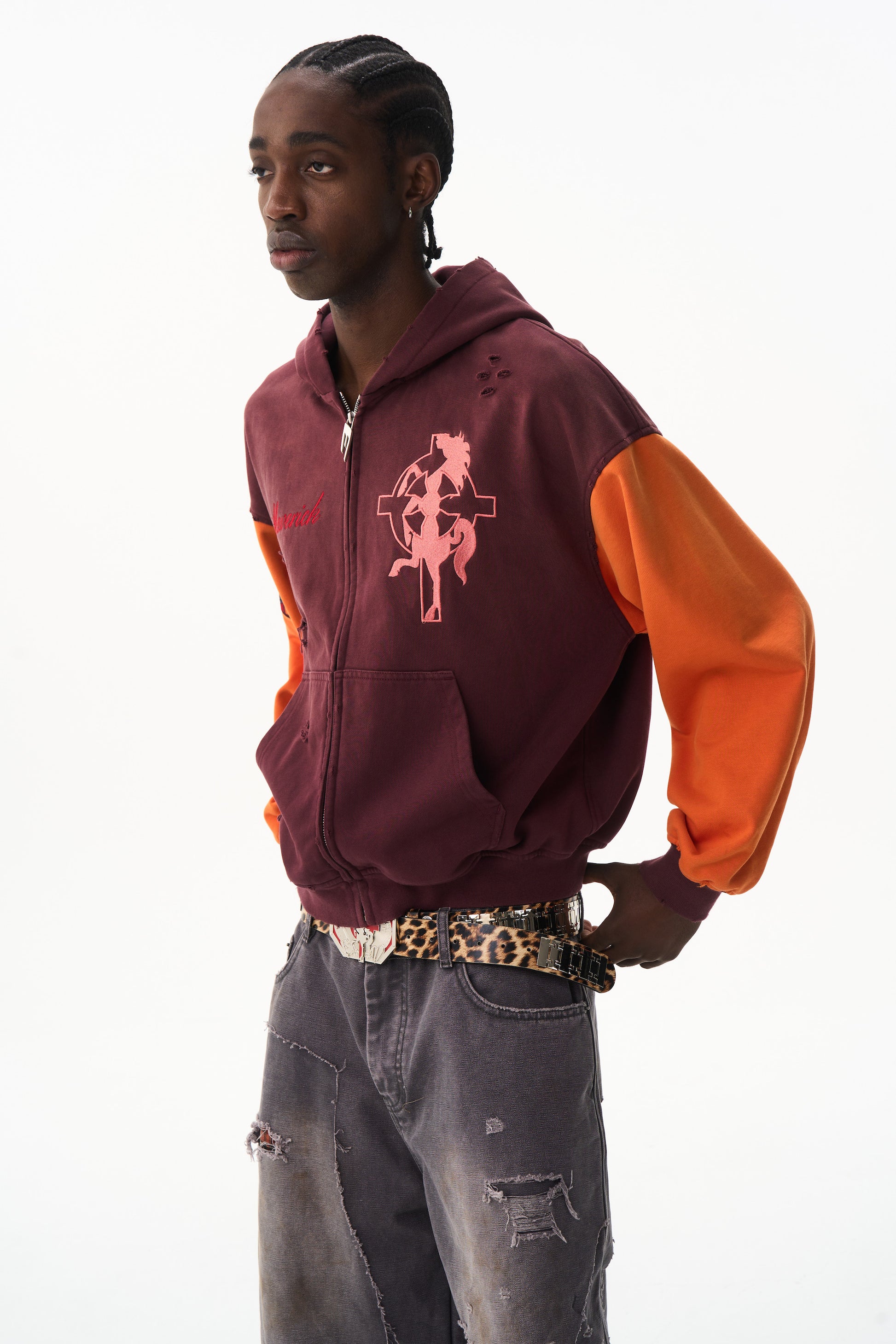 BLIND NO PLAN EXITMODE 26SS Color-Block Washed Cross Horse Hoodie