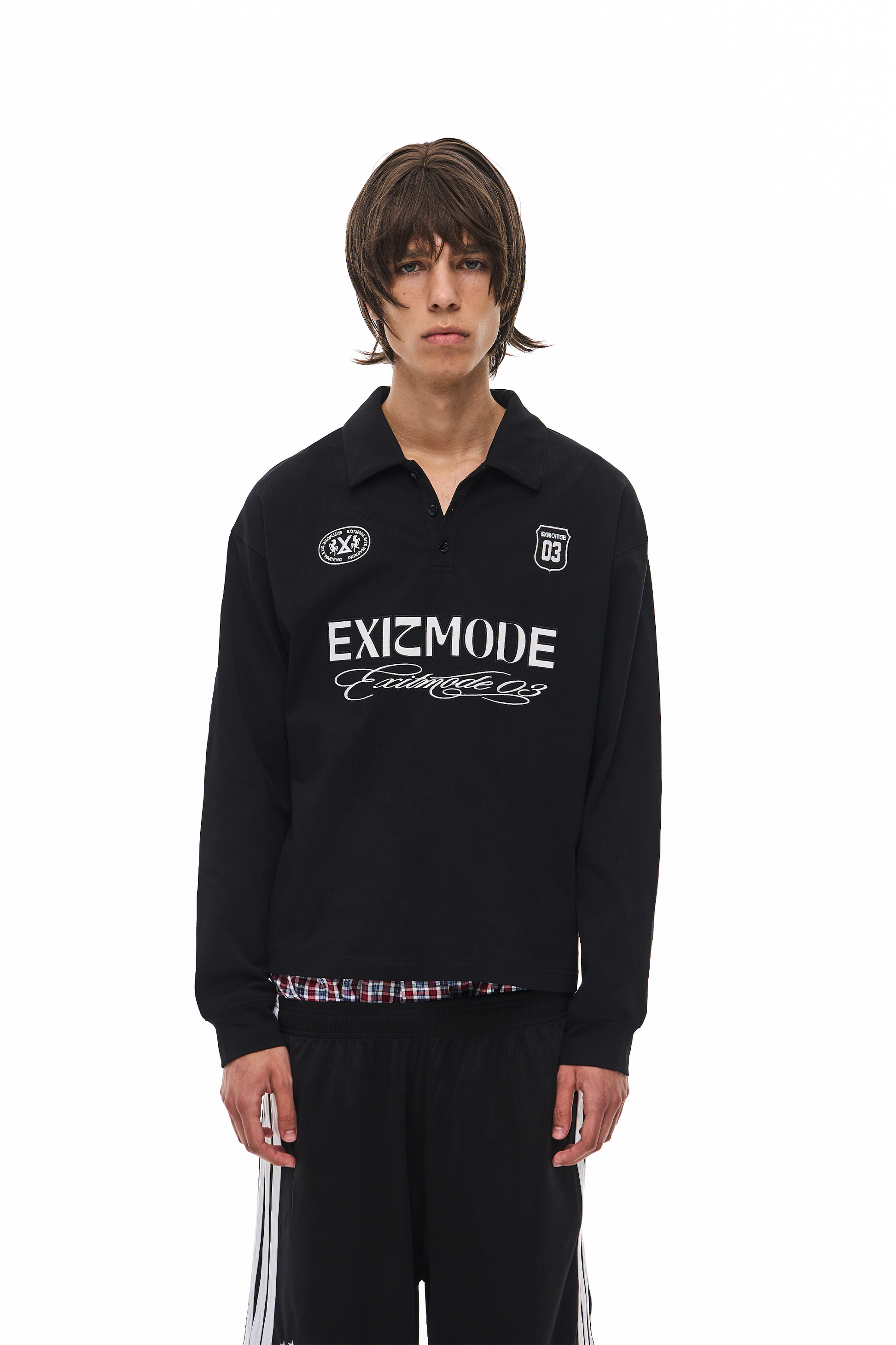 EXITMODE EXITMODE Retro American Sport-Inspired Embroidered Polo Long Sleeve Shirt