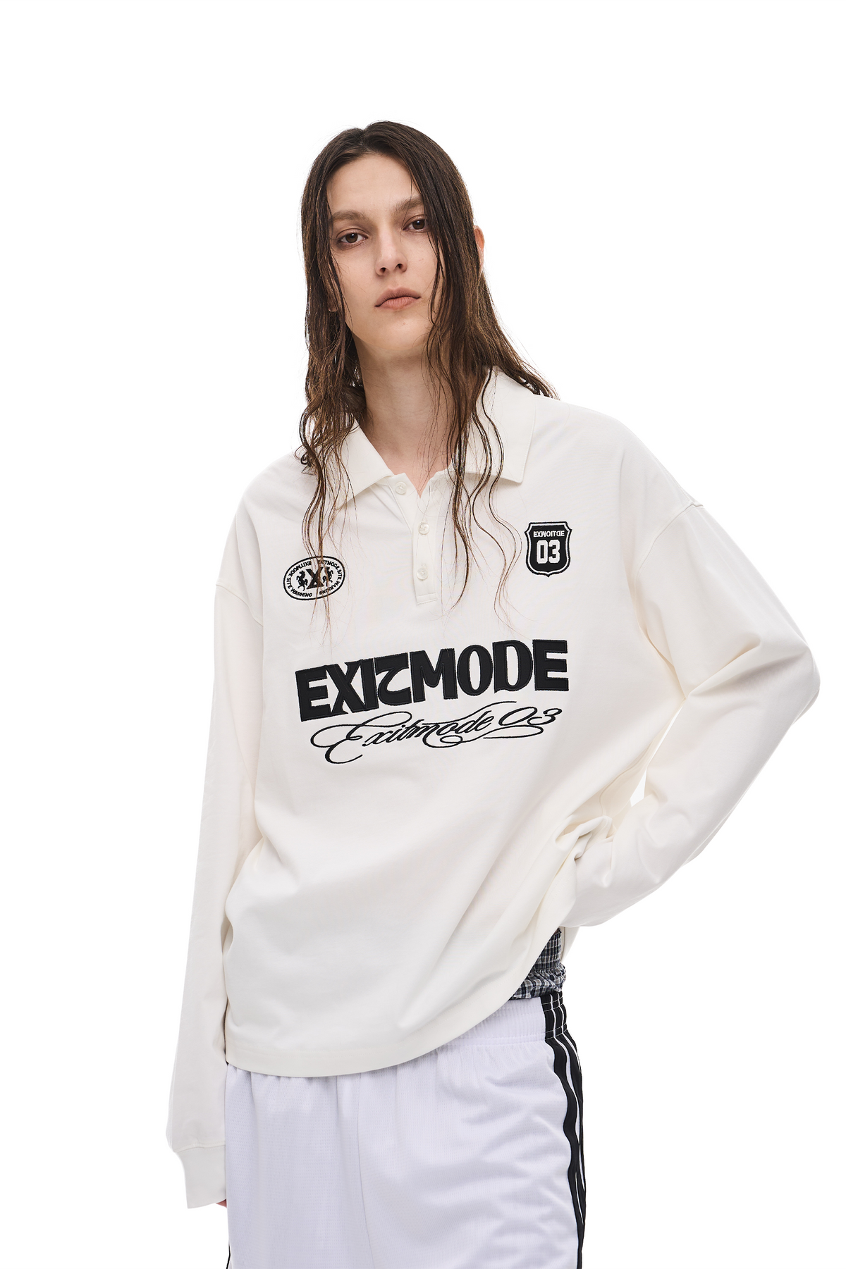 EXITMODE EXITMODE Retro American Sport-Inspired Embroidered Polo Long Sleeve Shirt