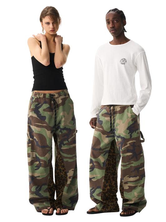 BLIND NO PLAN EXITMODE 26SS Baggy Patchwork Camouflage & Leopard Lumberjack Pants