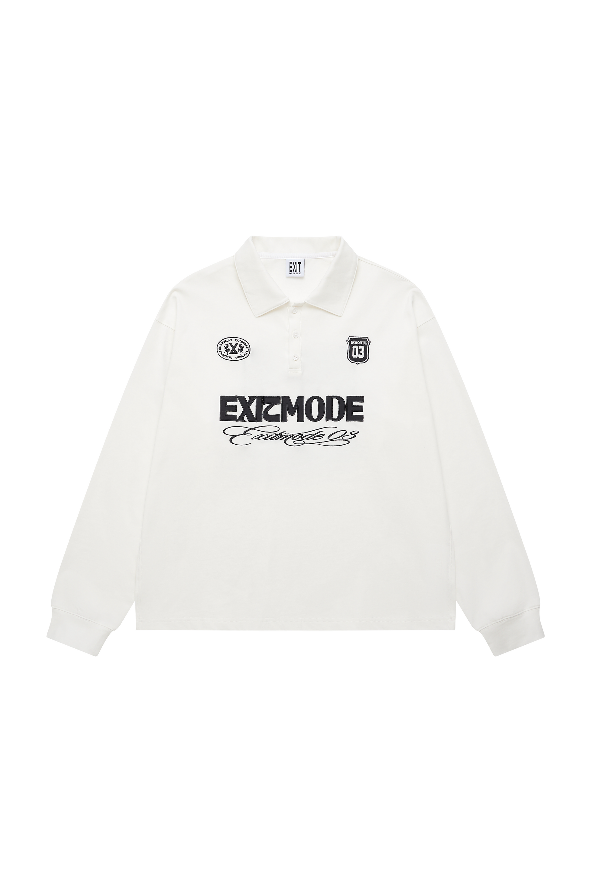 EXITMODE EXITMODE Retro American Sport-Inspired Embroidered Polo Long Sleeve Shirt white