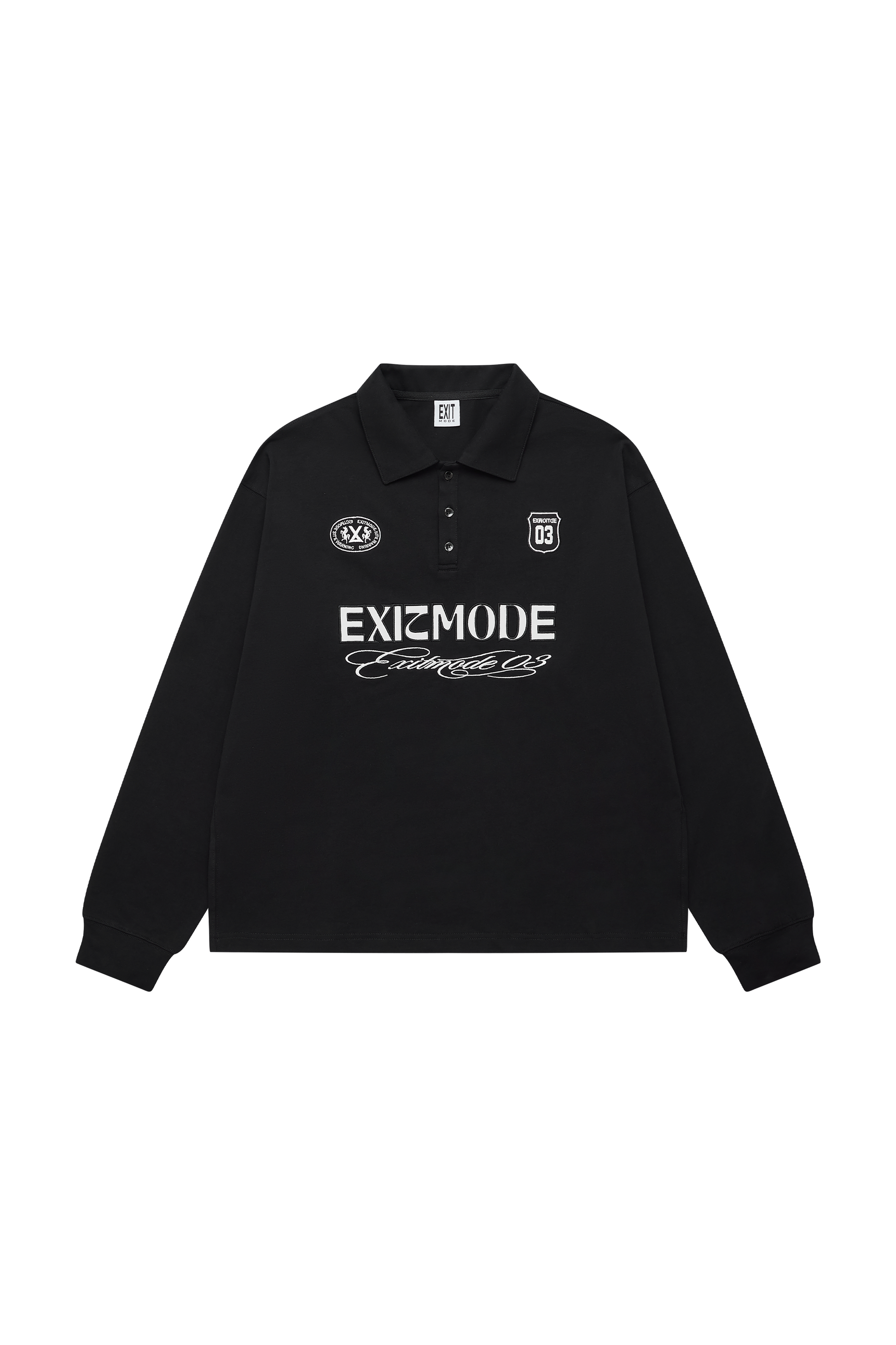 EXITMODE EXITMODE Retro American Sport-Inspired Embroidered Polo Long Sleeve Shirt black