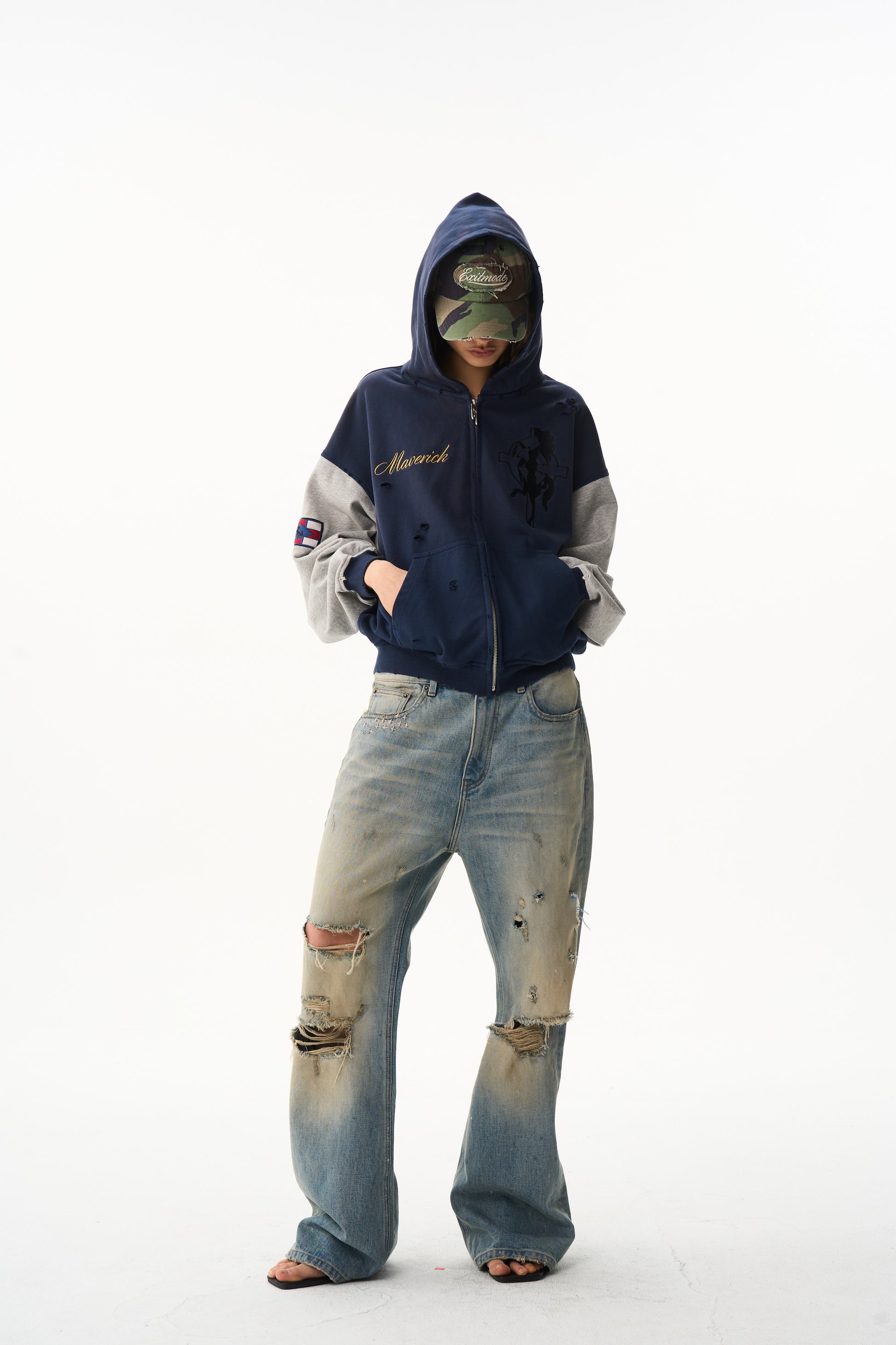BLIND NO PLAN EXITMODE 26SS Color-Block Washed Cross Horse Hoodie