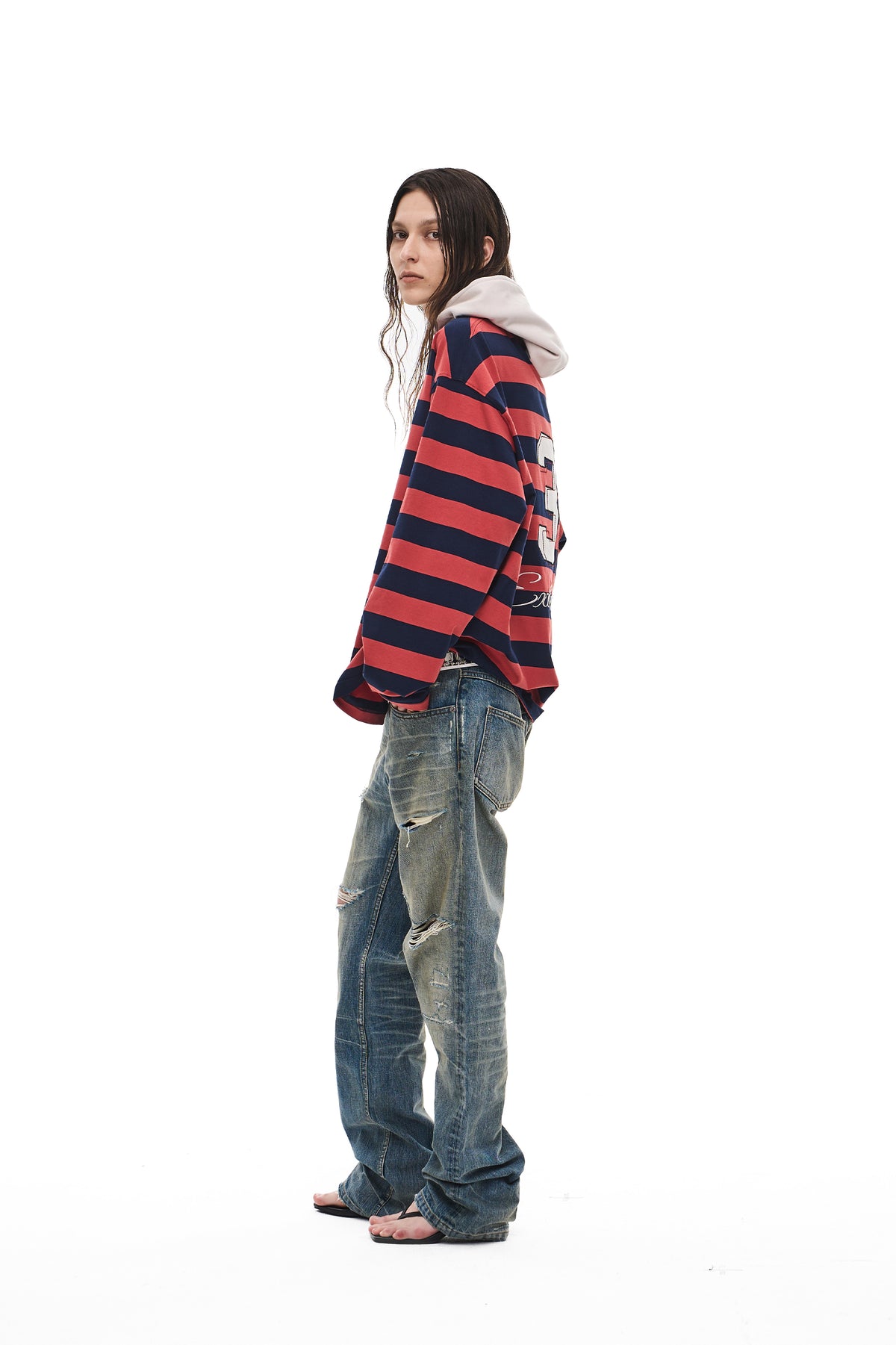 EXITMODE EXITMODE Vintage Striped Drawstring Loose-Fit Embroidered Hooded Long-Sleeve T-Shirt – Unisex