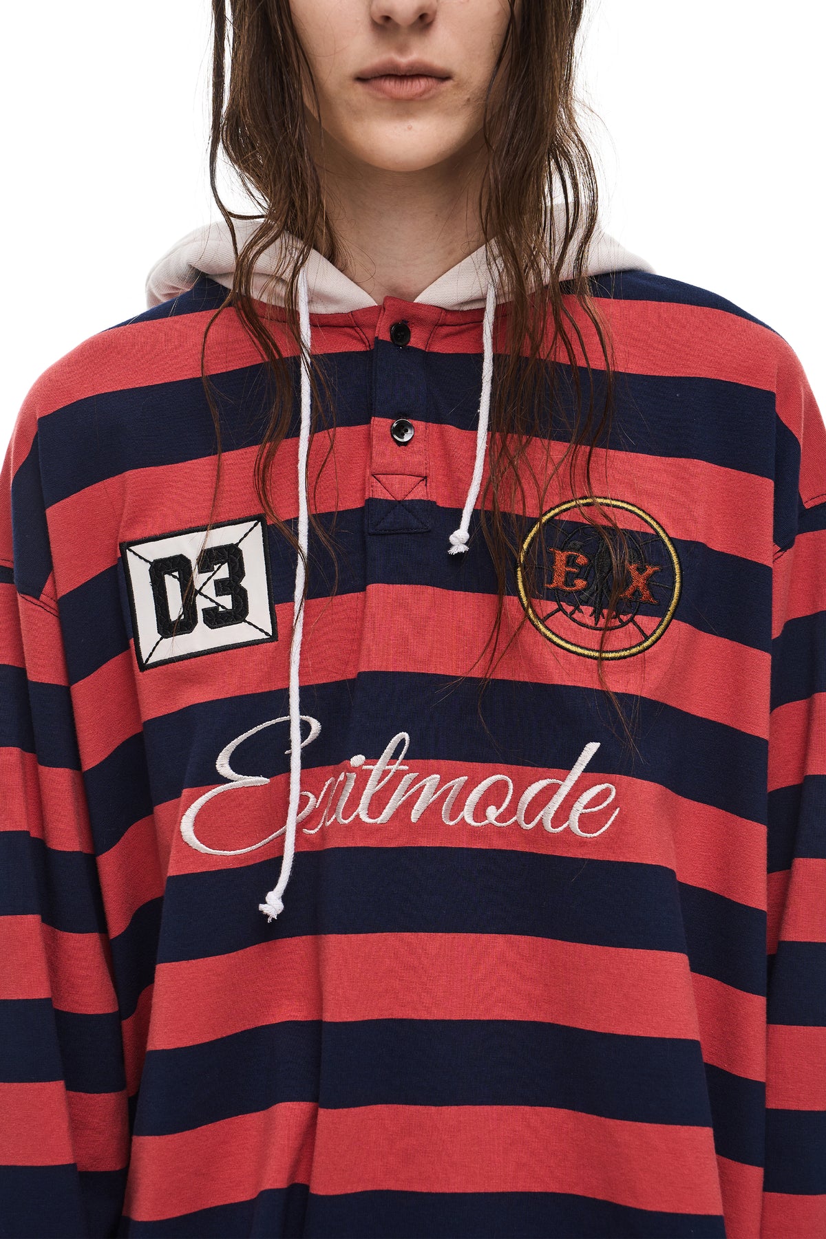EXITMODE EXITMODE Vintage Striped Drawstring Loose-Fit Embroidered Hooded Long-Sleeve T-Shirt – Unisex