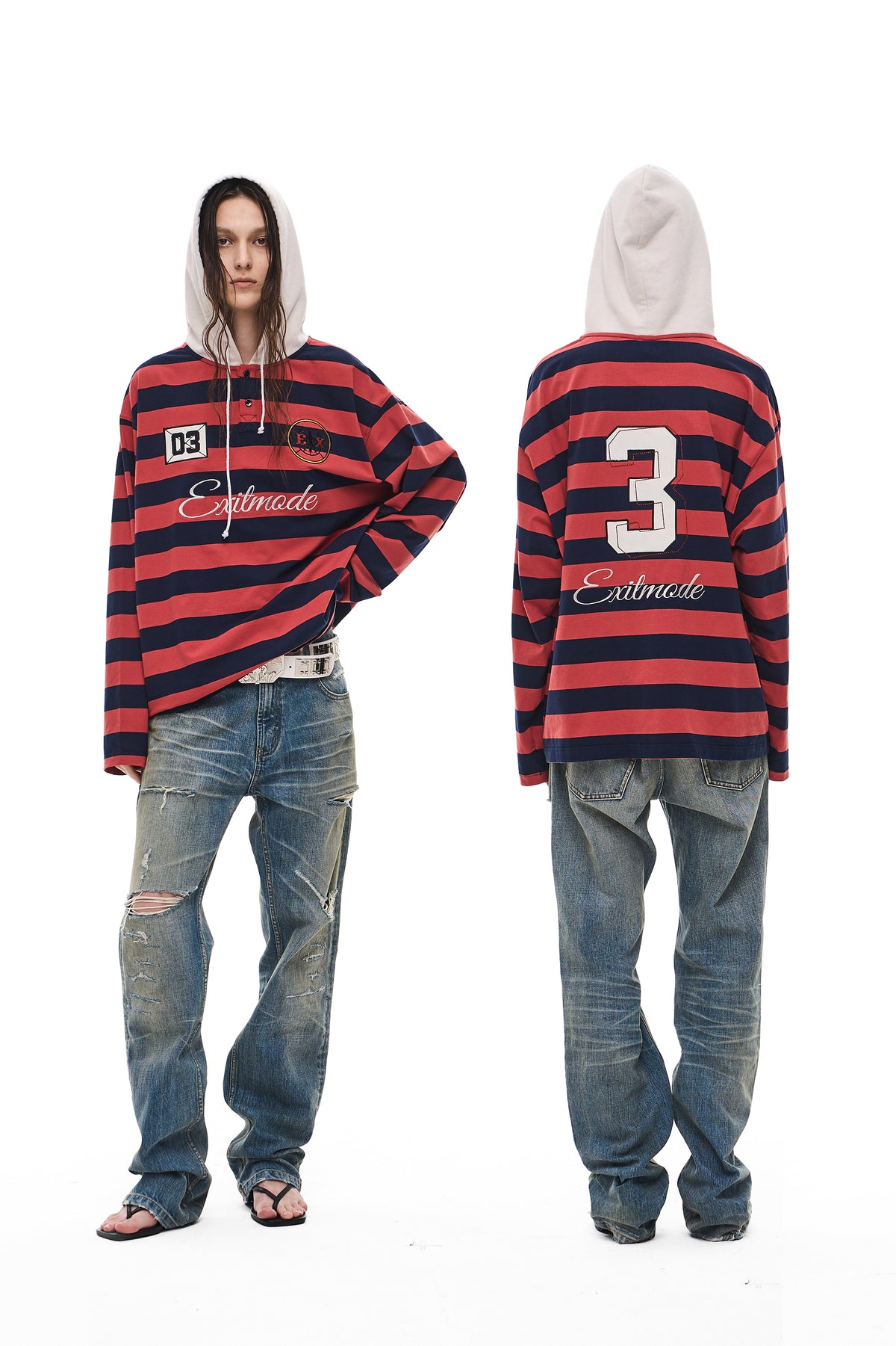 EXITMODE EXITMODE Vintage Striped Drawstring Loose-Fit Embroidered Hooded Long-Sleeve T-Shirt – Unisex