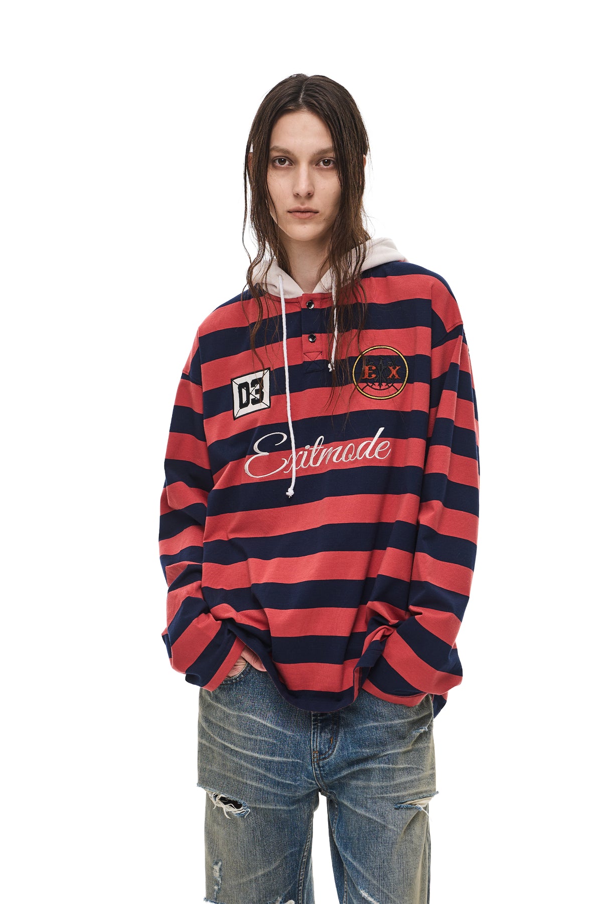 EXITMODE EXITMODE Vintage Striped Drawstring Loose-Fit Embroidered Hooded Long-Sleeve T-Shirt – Unisex