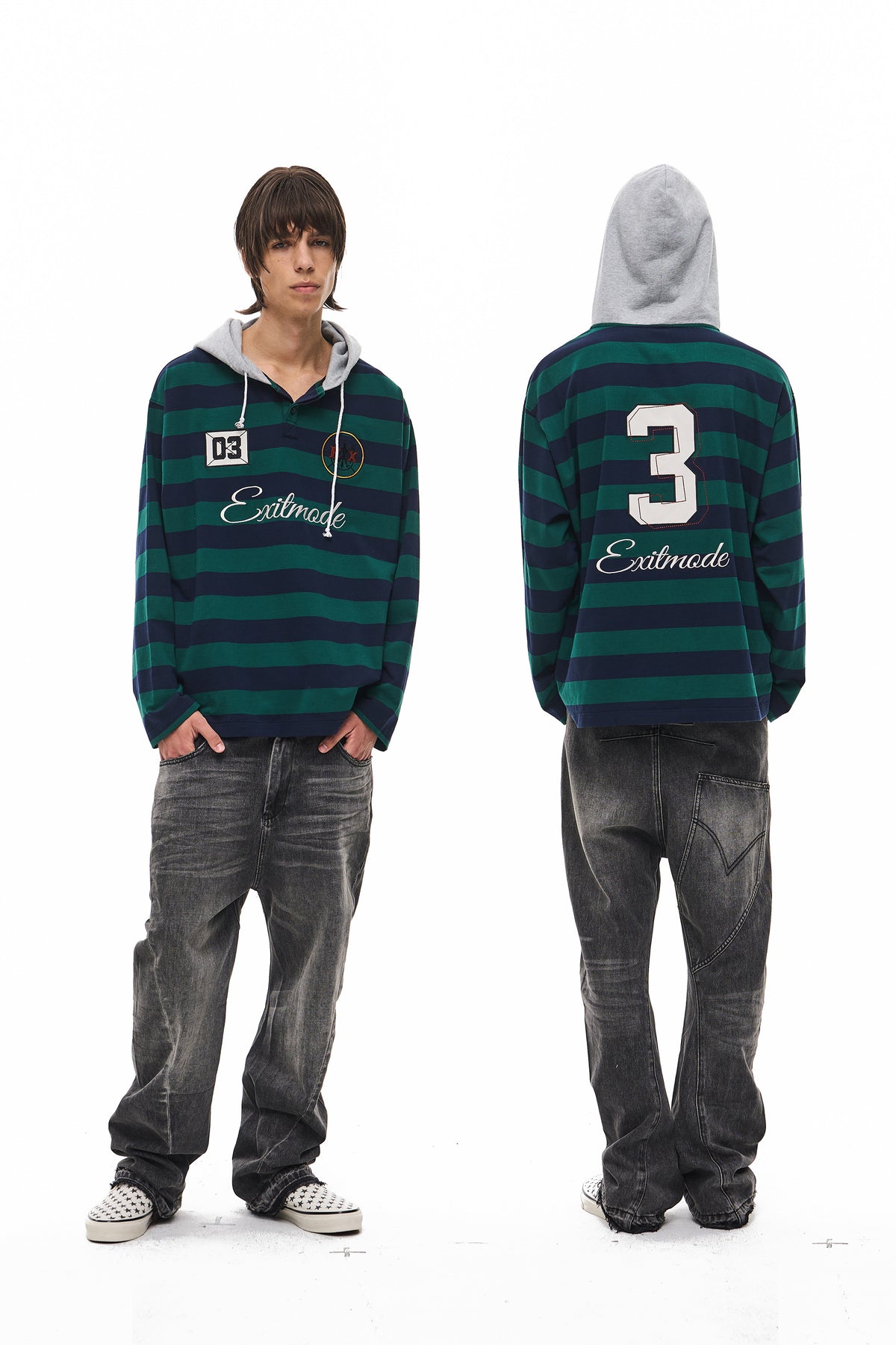 EXITMODE EXITMODE Vintage Striped Drawstring Loose-Fit Embroidered Hooded Long-Sleeve T-Shirt – Unisex