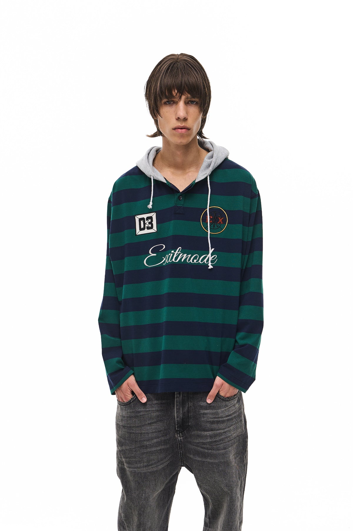 EXITMODE EXITMODE Vintage Striped Drawstring Loose-Fit Embroidered Hooded Long-Sleeve T-Shirt – Unisex