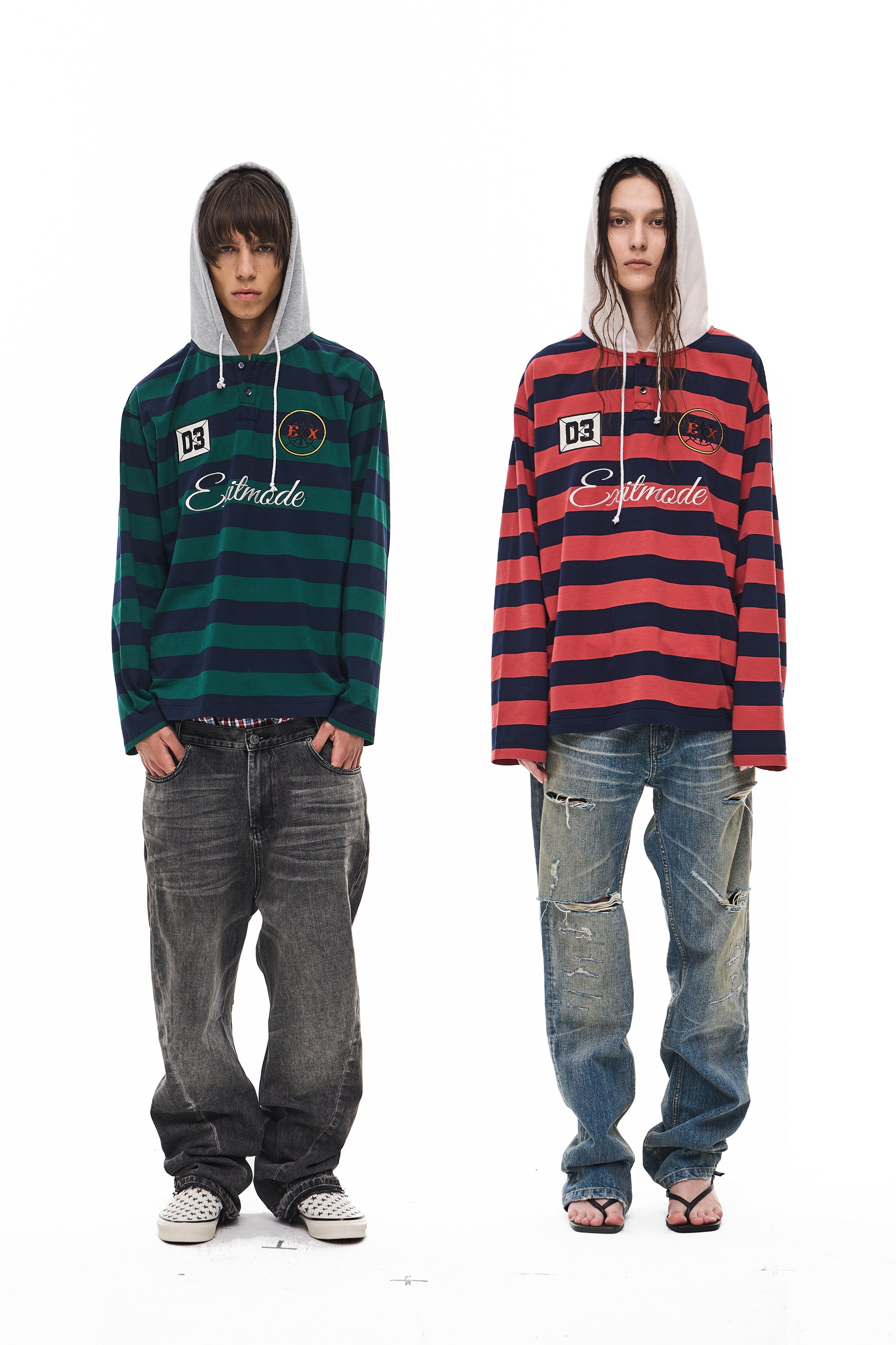 EXITMODE EXITMODE Vintage Striped Drawstring Loose-Fit Embroidered Hooded Long-Sleeve T-Shirt – Unisex
