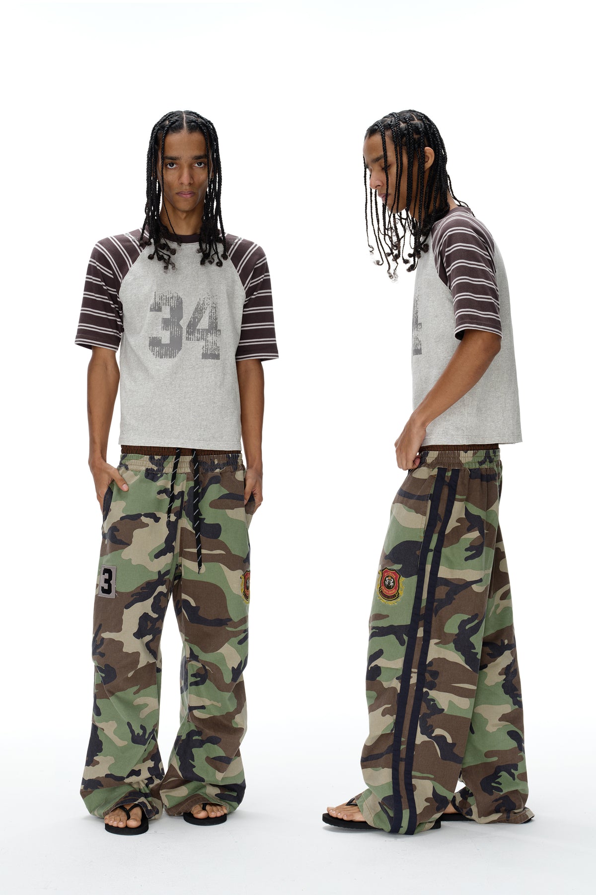 EXITMODE EXITMODE Vintage Distressed Double-Waist Pleated Camouflage Badge-Embroidered Relaxed Casual Pants – Unisex