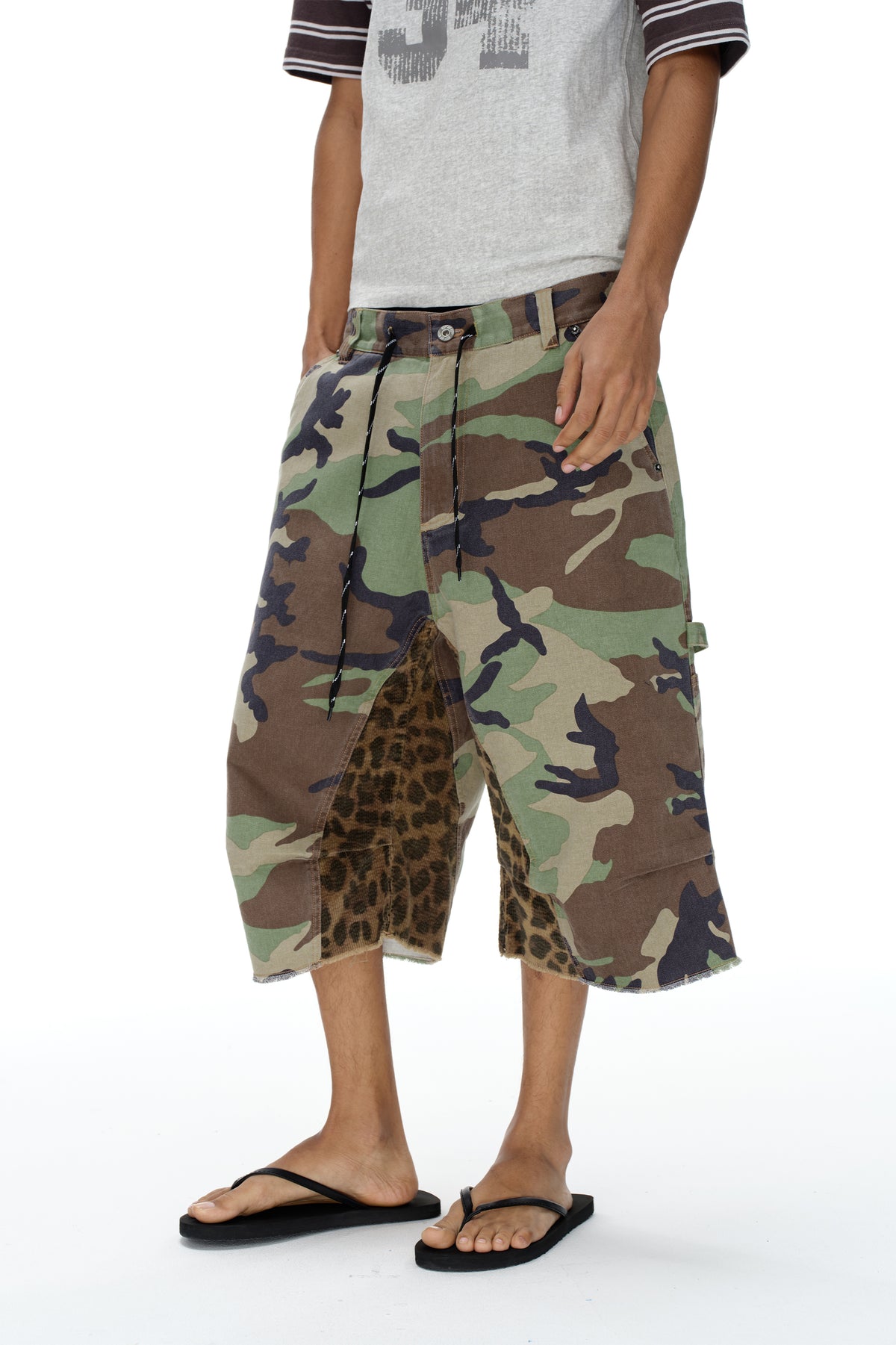 EXITMODE EXITMODE Relaxed Color-Block Patchwork Camouflage and Leopard-Print Carpenter Shorts – Unisex