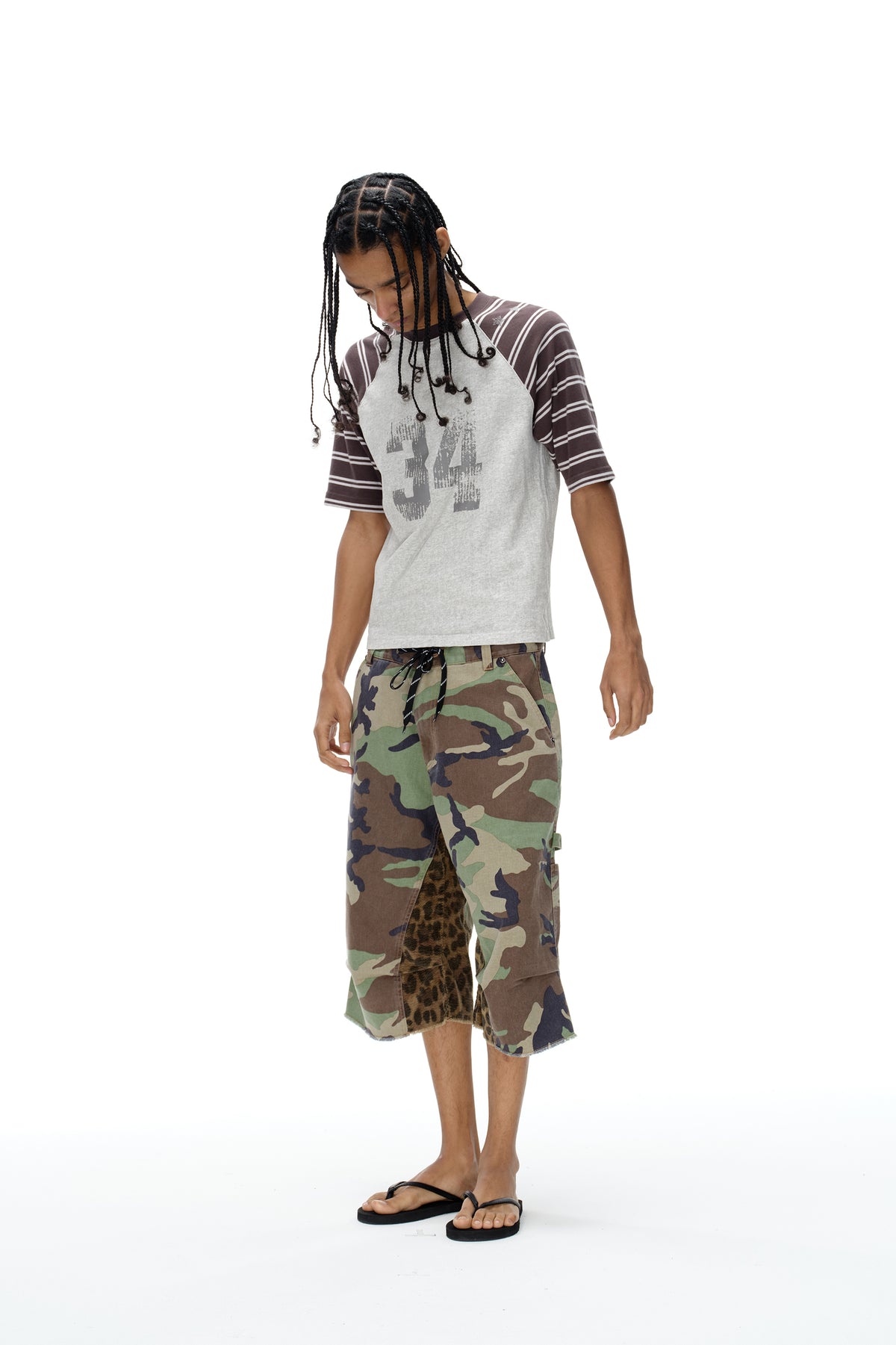 EXITMODE EXITMODE Relaxed Color-Block Patchwork Camouflage and Leopard-Print Carpenter Shorts – Unisex