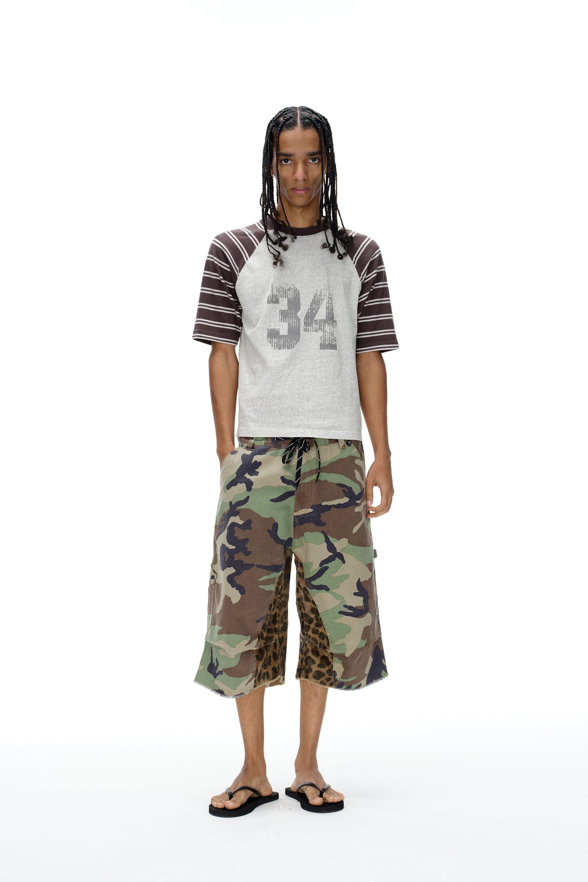 EXITMODE EXITMODE Relaxed Color-Block Patchwork Camouflage and Leopard-Print Carpenter Shorts – Unisex